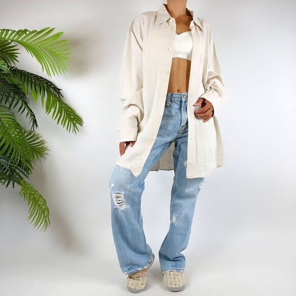 Vintage Y2K Coastal Chic Beachy Boho Oversized Linen Button Up Shirt / Size: XL - Picture 1 of 6